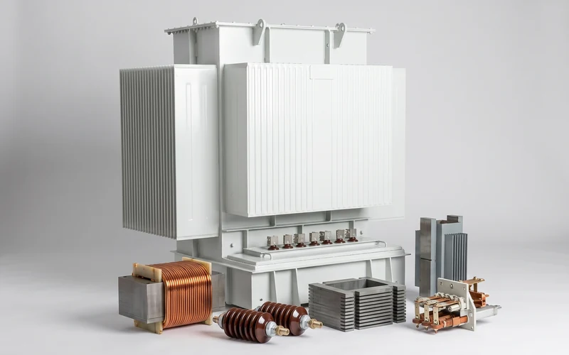 A distribution transformer with a coil winding, bushings, core laminations and a tap changer